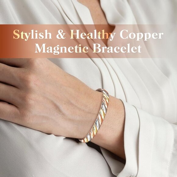Stylish Tricolor Adjustable Copper Bracelet with Magnetic Benefits - Gift Ready - Picture 2 of 7